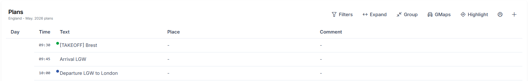 Table overview, actions at the top