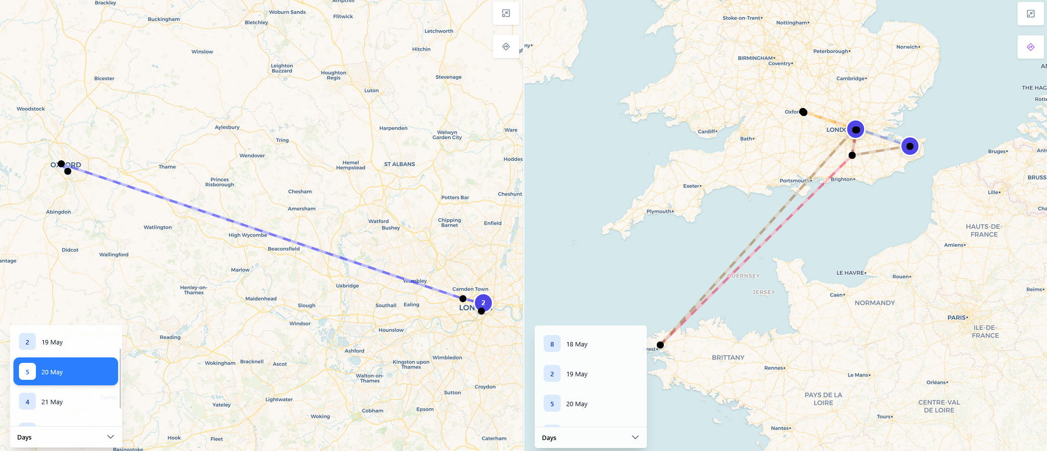 Trip - Map fullscreen with itinerary highlight