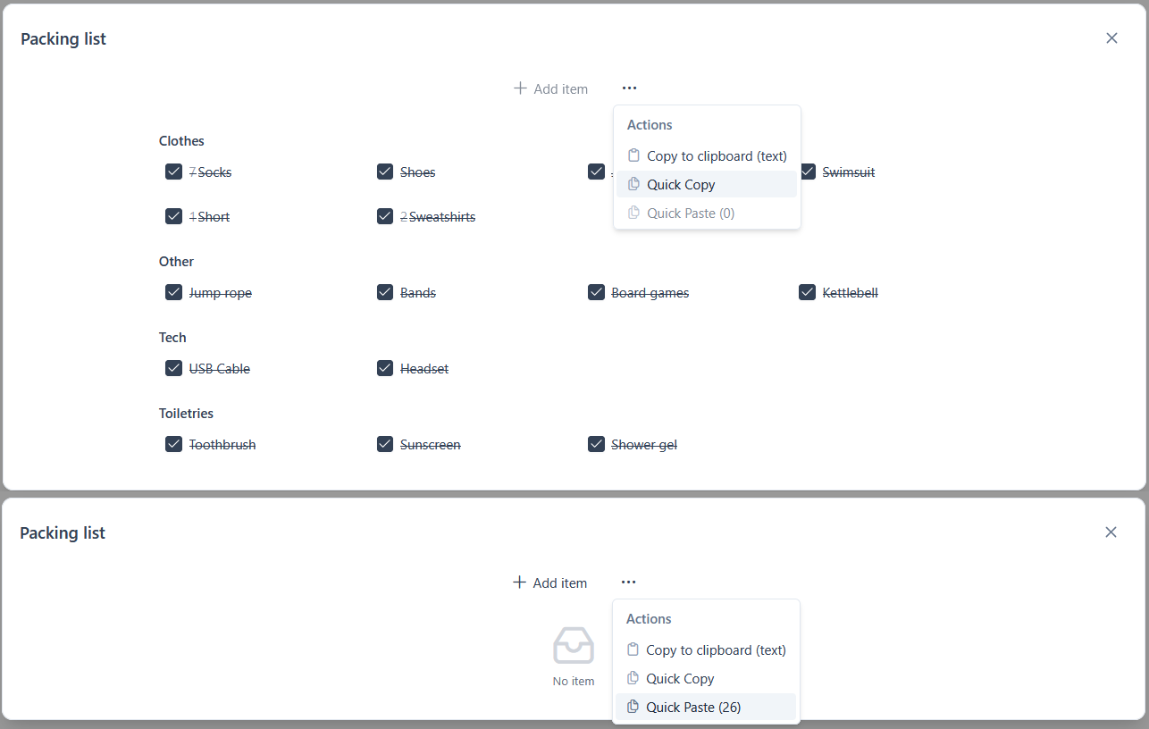Trip - Packing list copy and parse